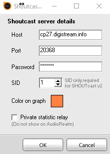 SAM Broadcaster SHOUTcast server details showing SID set to 1