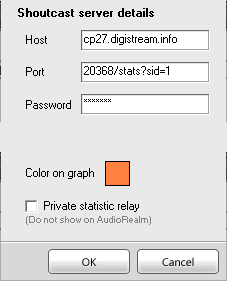 Older SAM Broadcaster SHOUTcast server details showing stats sid 1 appended to the port